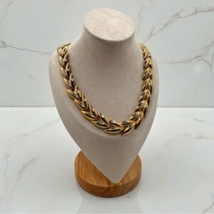 Vintage Gold Tone Double Leaf Link Choker Women's Necklace